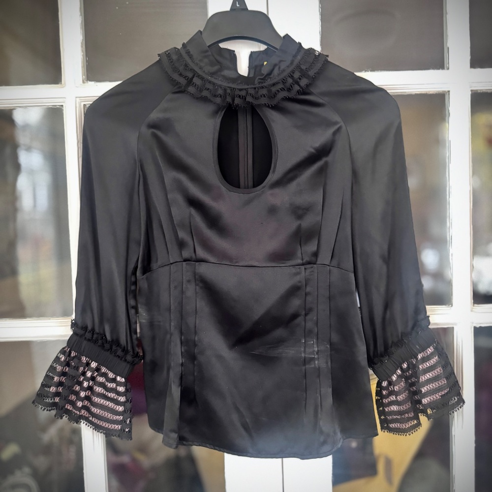 Aysha Saeed Silk Blouse Top Black Eyelet Ruffled Sleeve Sz. M